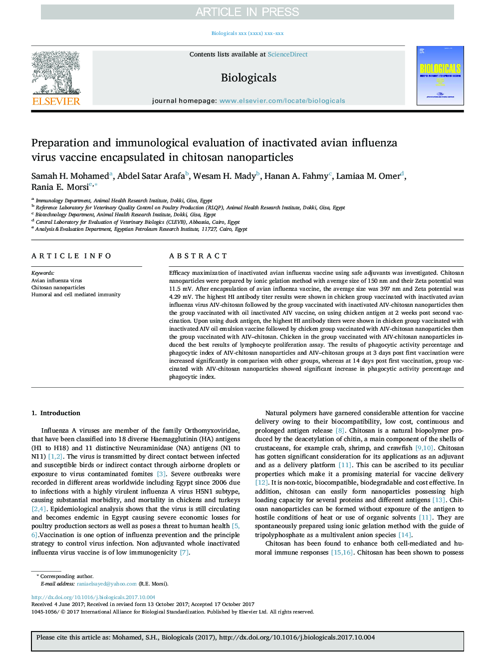 Preparation and immunological evaluation of inactivated avian influenza virus vaccine encapsulated in chitosan nanoparticles