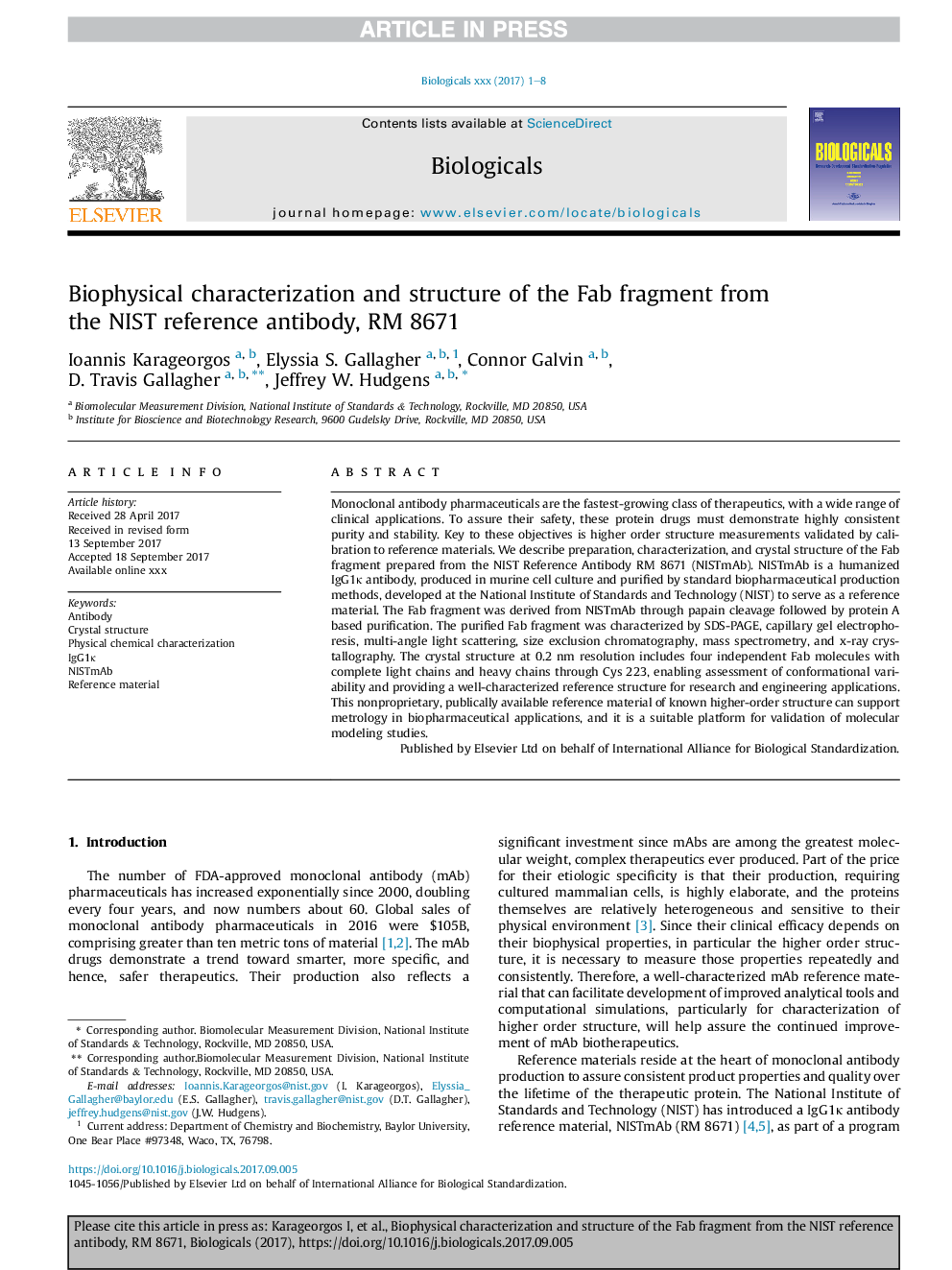 Biophysical characterization and structure of the Fab fragment from the NIST reference antibody, RM 8671