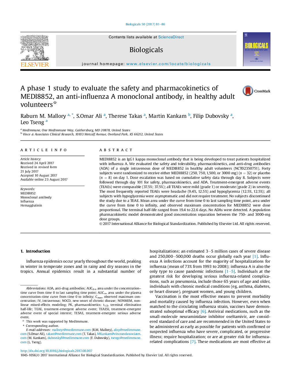 A phase 1 study to evaluate the safety and pharmacokinetics of MEDI8852, an anti-influenza A monoclonal antibody, in healthy adult volunteers