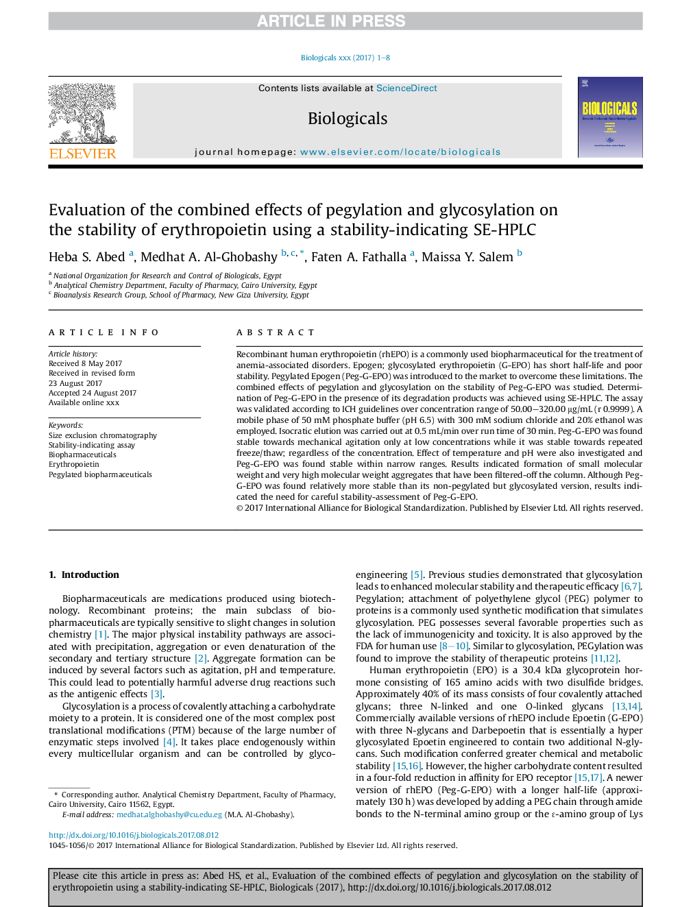 Evaluation of the combined effects of pegylation and glycosylation on the stability of erythropoietin using a stability-indicating SE-HPLC