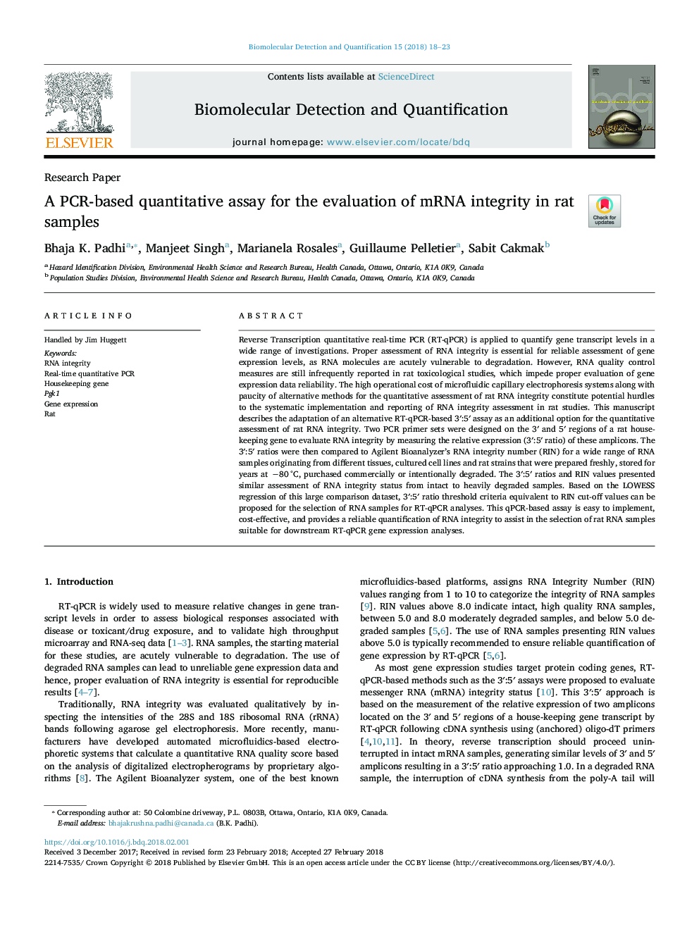 A PCR-based quantitative assay for the evaluation of mRNA integrity in rat samples