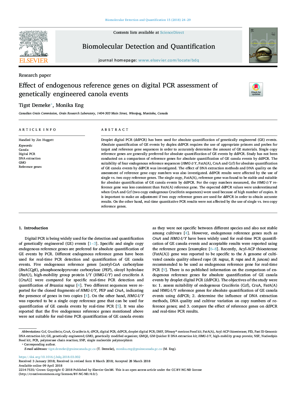 Effect of endogenous reference genes on digital PCR assessment of genetically engineered canola events