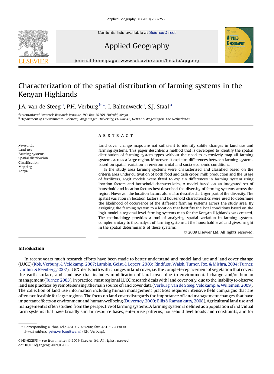 Characterization of the spatial distribution of farming systems in the Kenyan Highlands