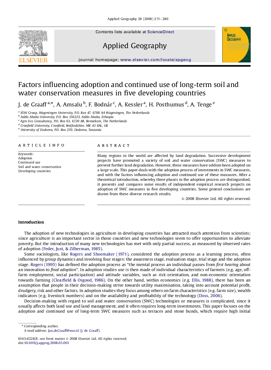 Factors influencing adoption and continued use of long-term soil and water conservation measures in five developing countries