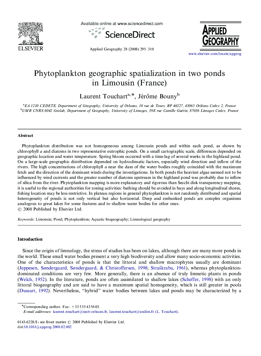 Phytoplankton geographic spatialization in two ponds in Limousin (France)