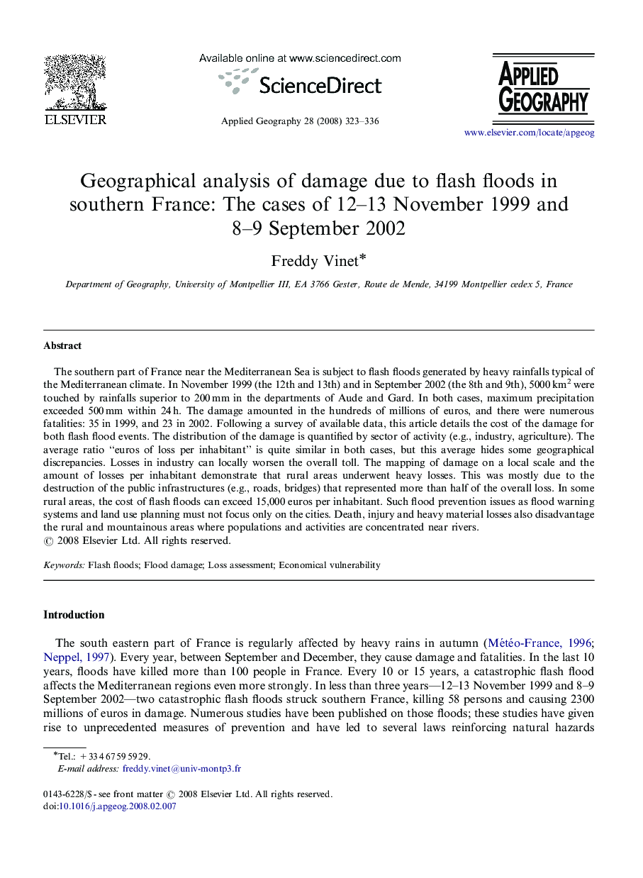 Geographical analysis of damage due to flash floods in southern France: The cases of 12–13 November 1999 and 8–9 September 2002