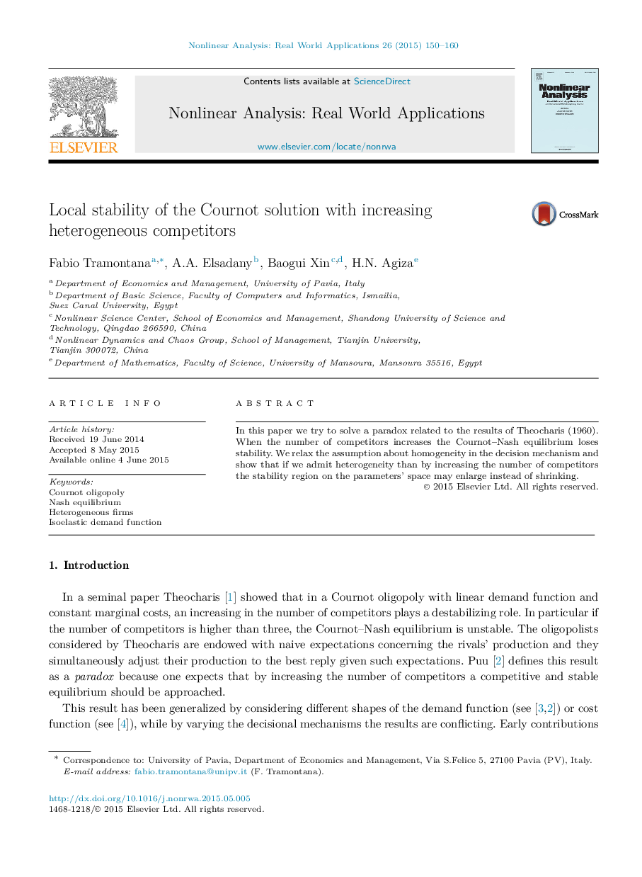 Local stability of the Cournot solution with increasing heterogeneous competitors