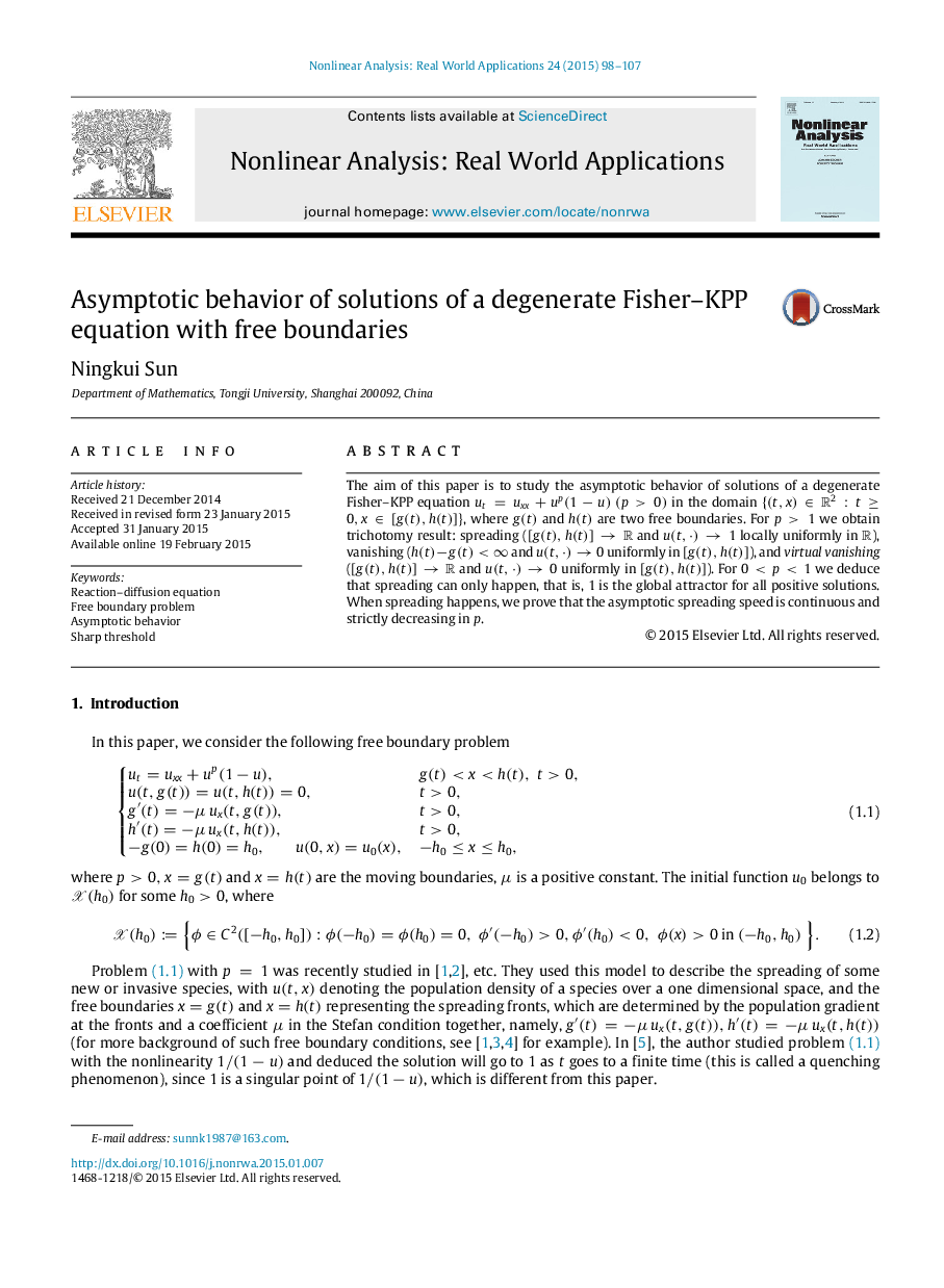 Asymptotic behavior of solutions of a degenerate Fisher–KPP equation with free boundaries