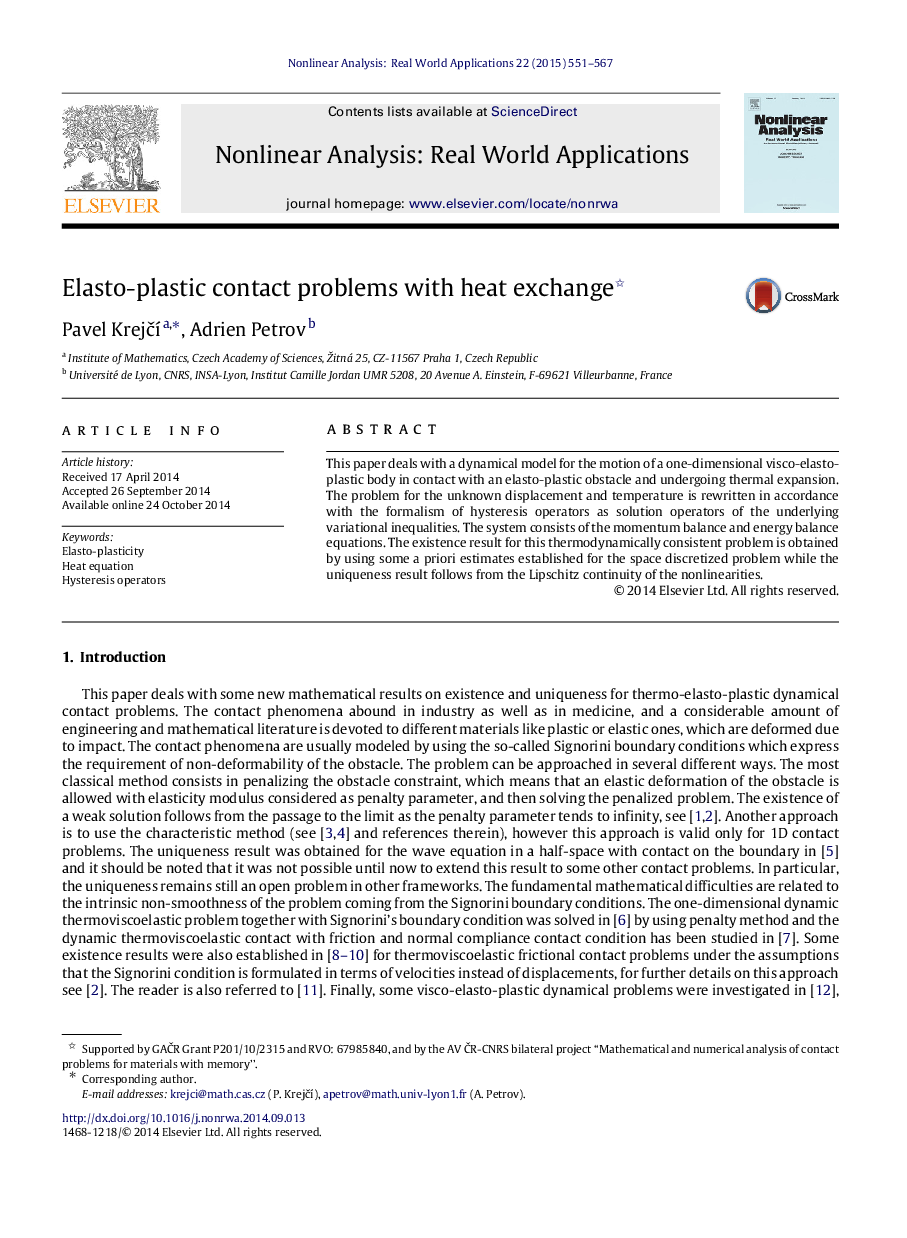 Elasto-plastic contact problems with heat exchange 