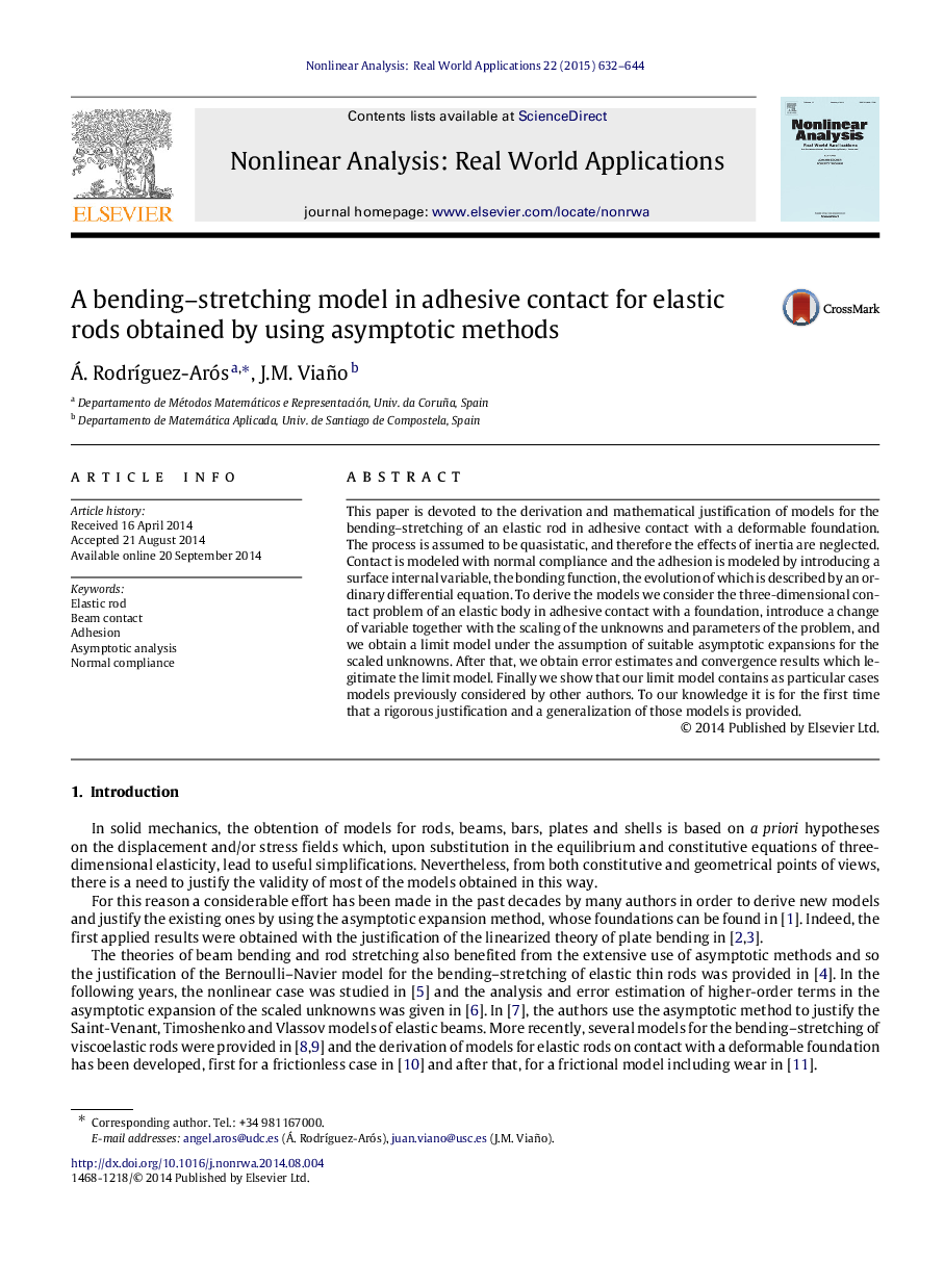 A bending–stretching model in adhesive contact for elastic rods obtained by using asymptotic methods