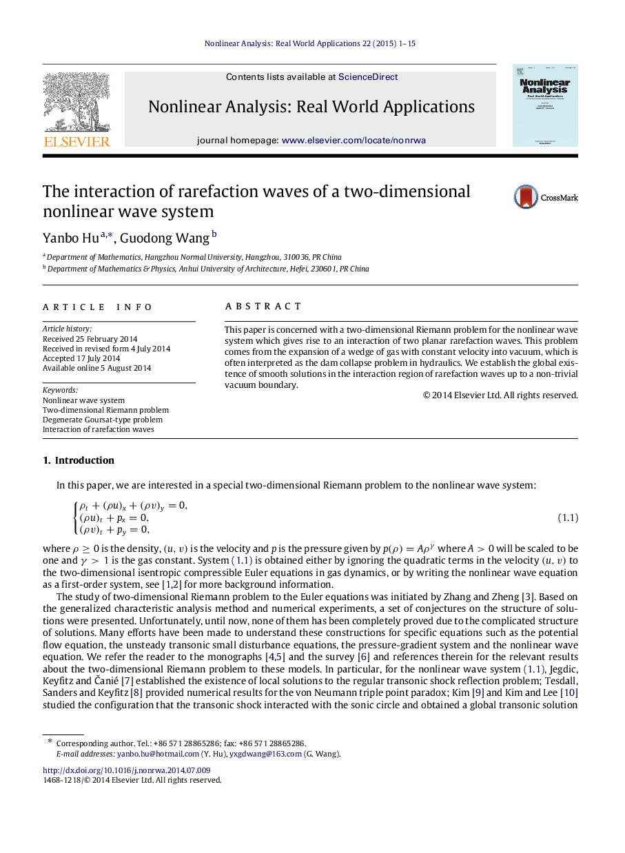 The interaction of rarefaction waves of a two-dimensional nonlinear wave system