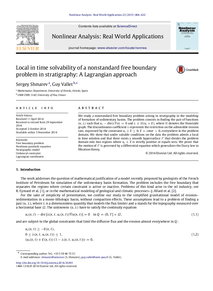 Local in time solvability of a nonstandard free boundary problem in stratigraphy: A Lagrangian approach