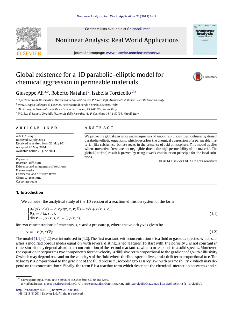 Global existence for a 1D parabolic–elliptic model for chemical aggression in permeable materials