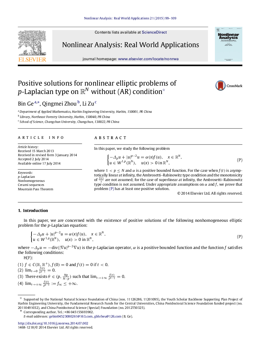 Positive solutions for nonlinear elliptic problems of pp-Laplacian type on RNRN without (AR) condition 