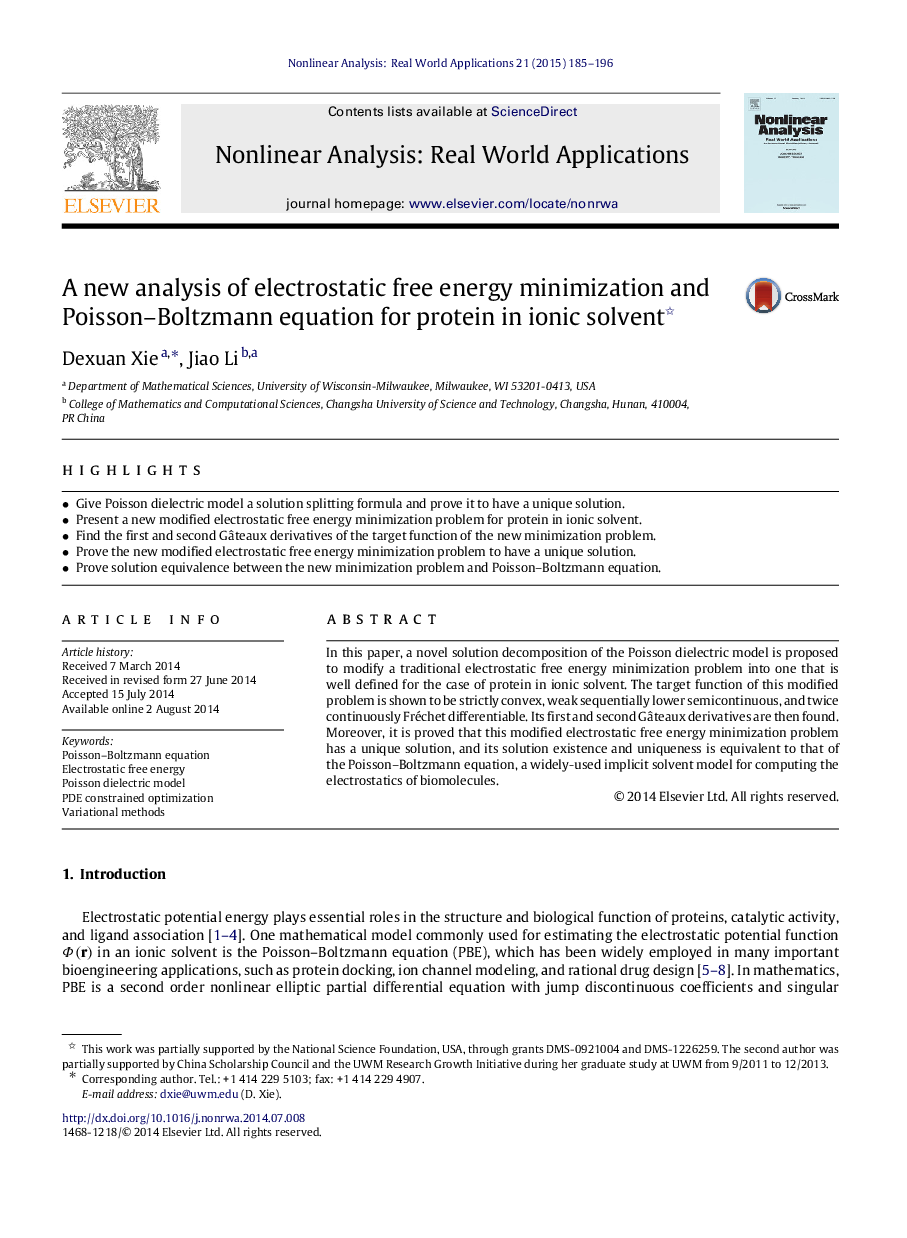 A new analysis of electrostatic free energy minimization and Poisson–Boltzmann equation for protein in ionic solvent 