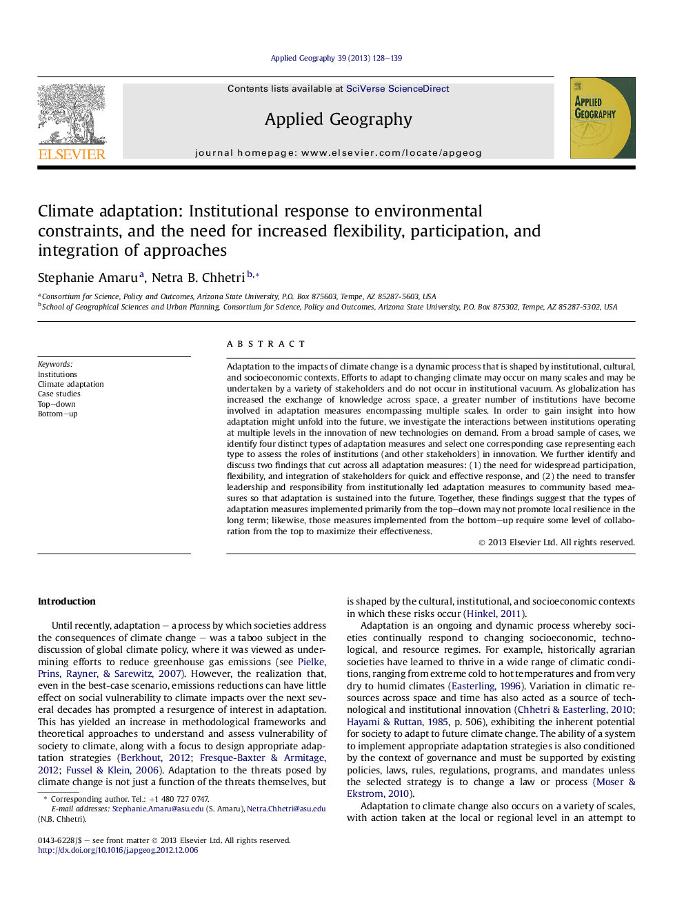 Climate adaptation: Institutional response to environmental constraints, and the need for increased flexibility, participation, and integration of approaches