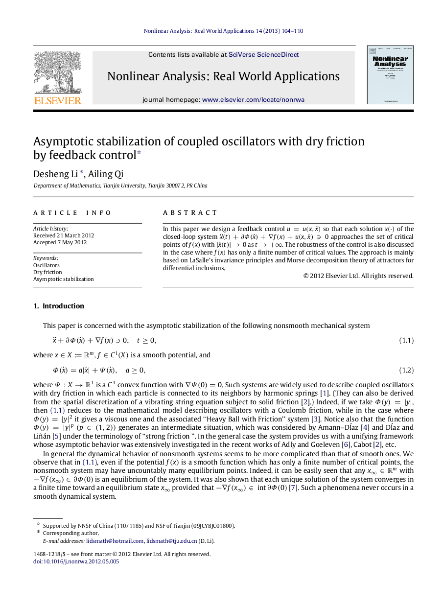 Asymptotic stabilization of coupled oscillators with dry friction by feedback control 