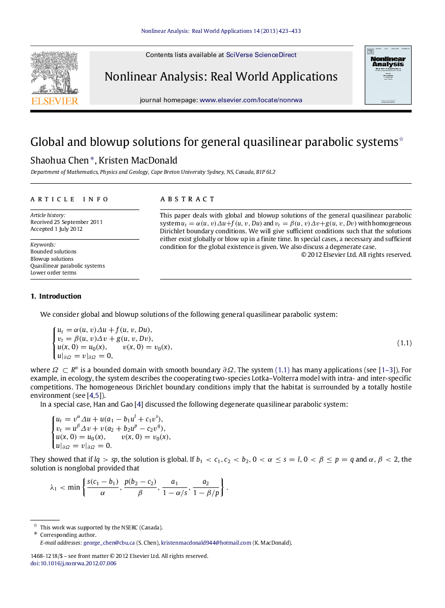 Global and blowup solutions for general quasilinear parabolic systems 