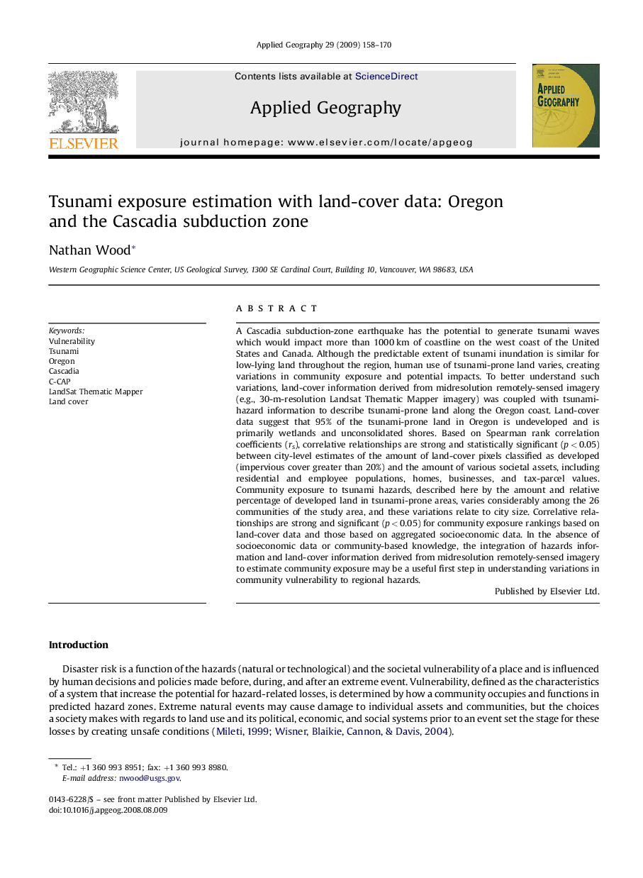 Tsunami exposure estimation with land-cover data: Oregon and the Cascadia subduction zone