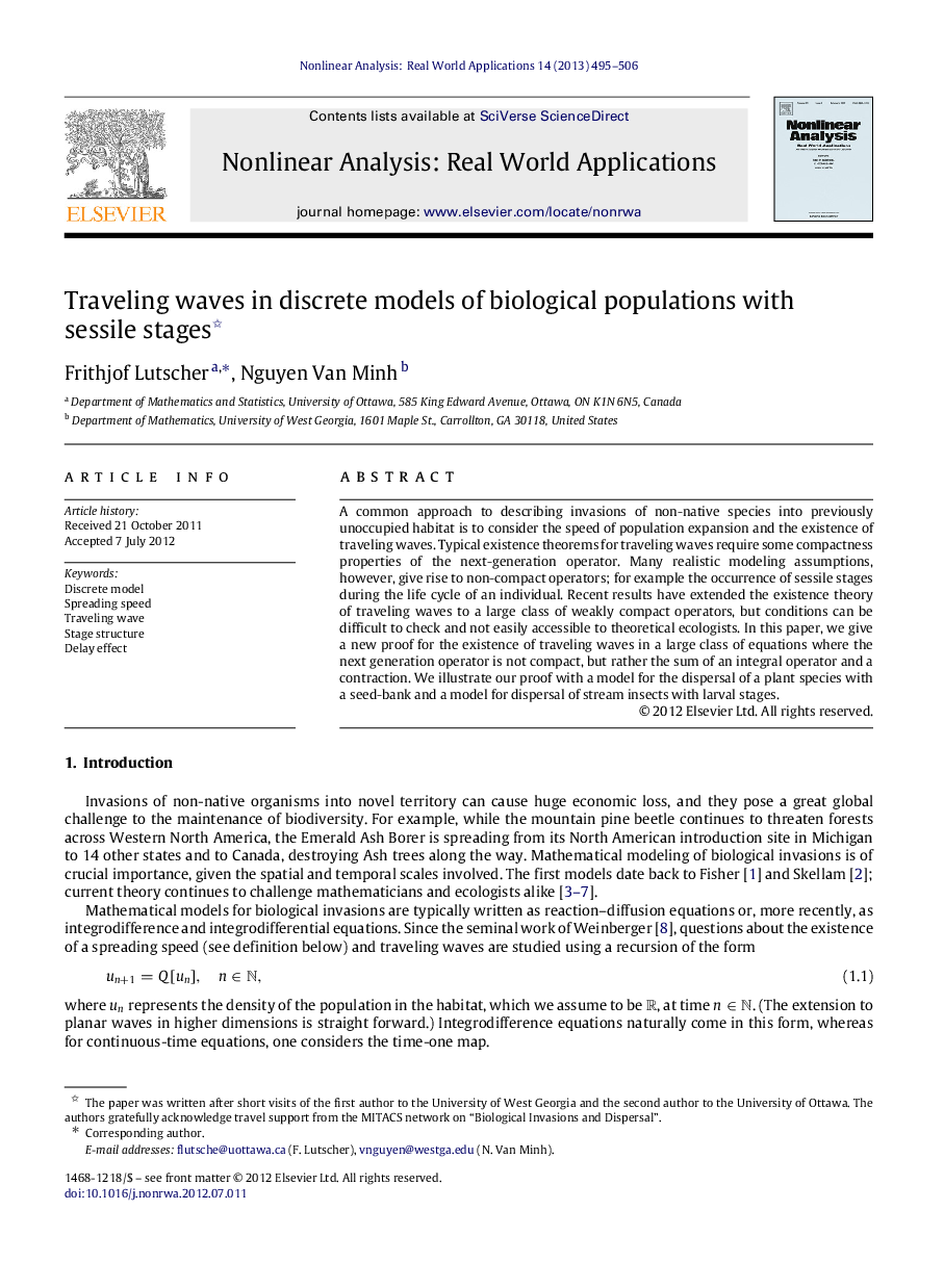 Traveling waves in discrete models of biological populations with sessile stages 