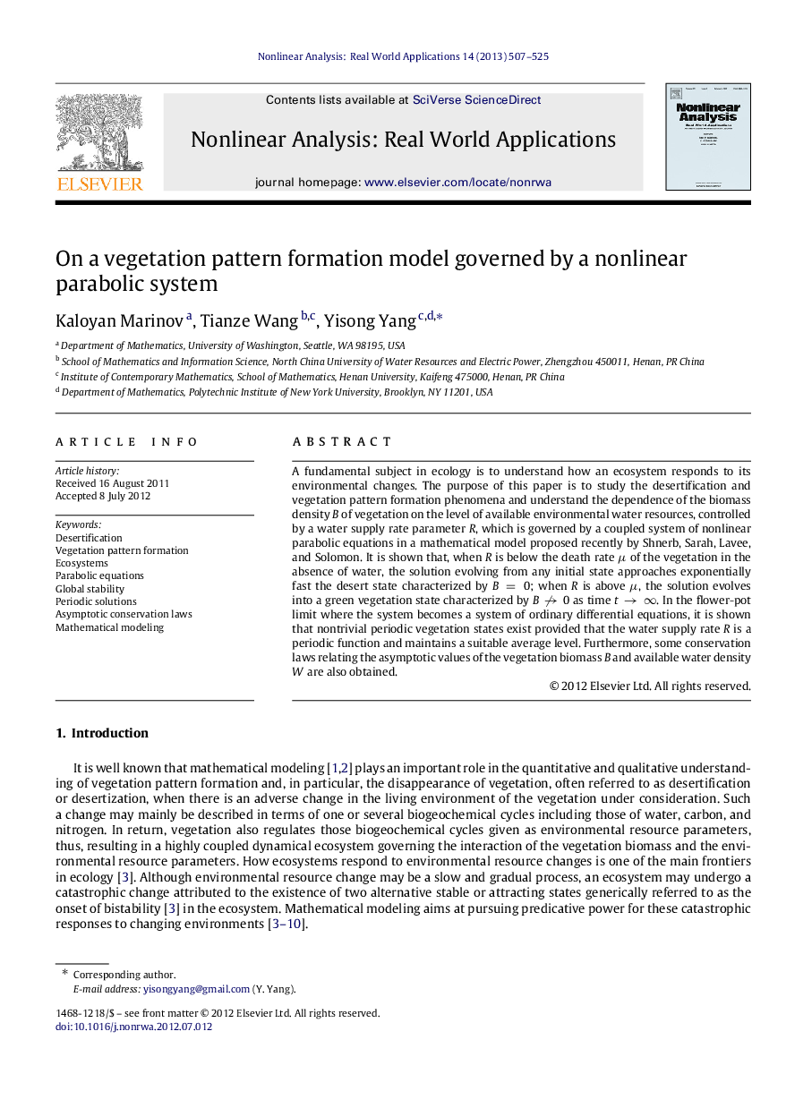 On a vegetation pattern formation model governed by a nonlinear parabolic system