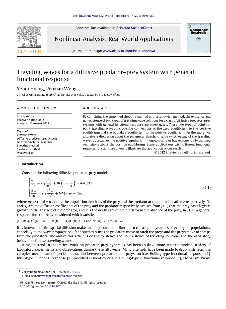 Traveling waves for a diffusive predator–prey system with general functional response