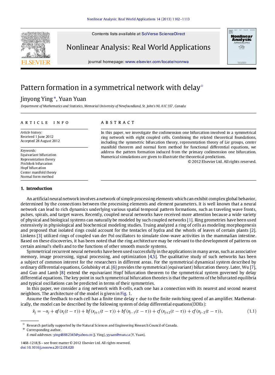 Pattern formation in a symmetrical network with delay 