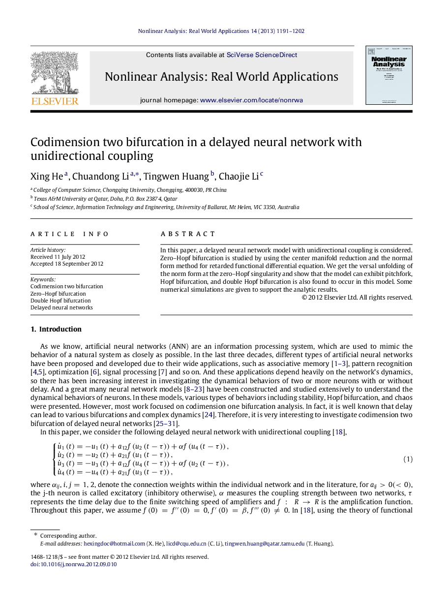 Codimension two bifurcation in a delayed neural network with unidirectional coupling