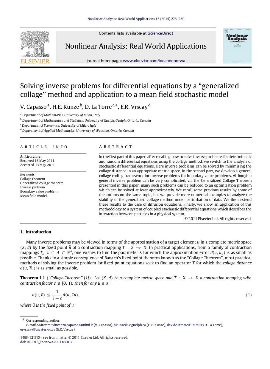 Solving inverse problems for differential equations by a “generalized collage” method and application to a mean field stochastic model