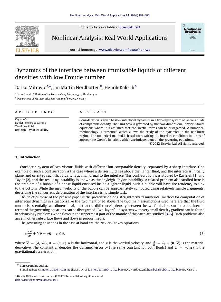 Dynamics of the interface between immiscible liquids of different densities with low Froude number