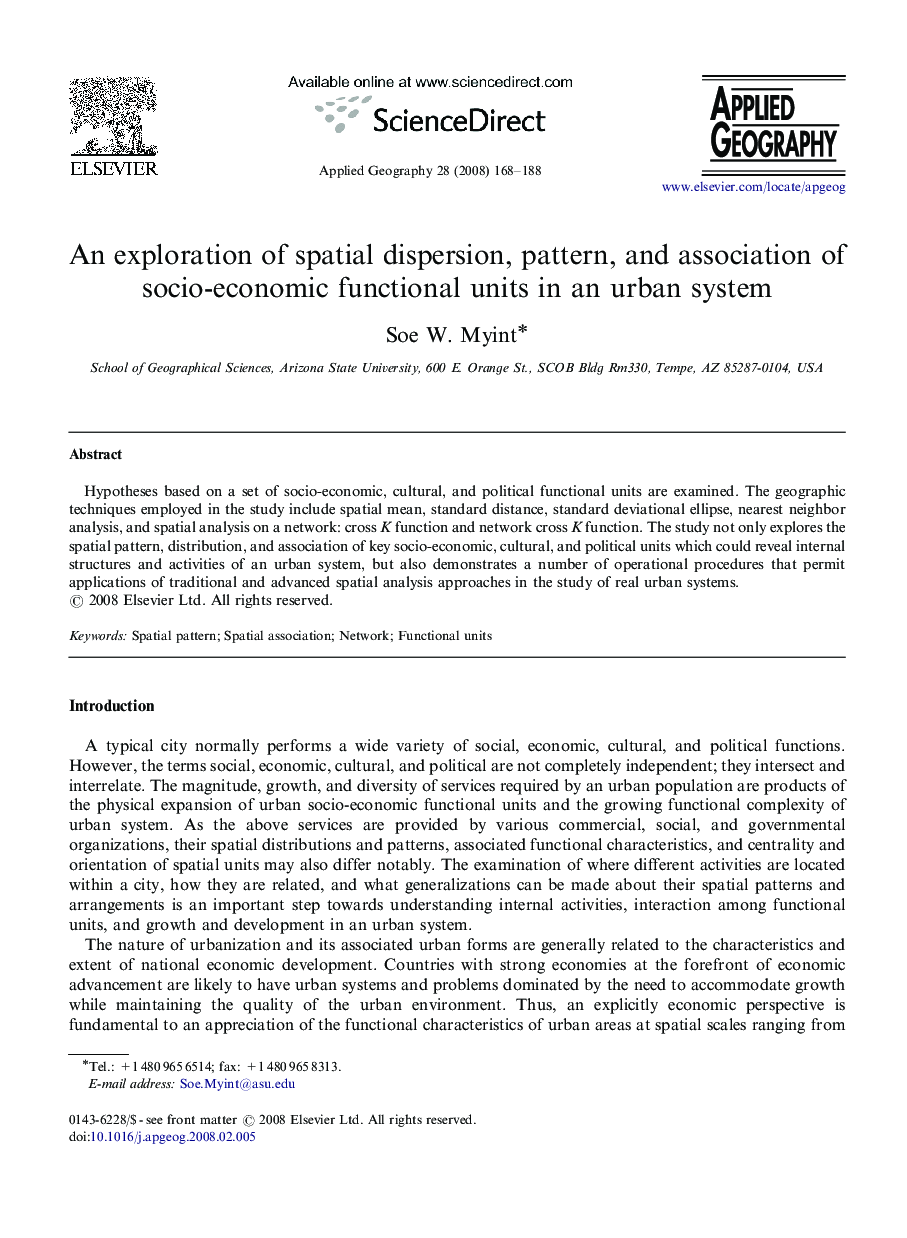 An exploration of spatial dispersion, pattern, and association of socio-economic functional units in an urban system