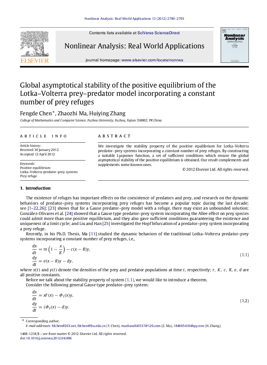 Global asymptotical stability of the positive equilibrium of the Lotka–Volterra prey–predator model incorporating a constant number of prey refuges