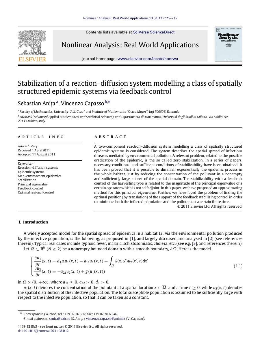 Stabilization of a reaction–diffusion system modelling a class of spatially structured epidemic systems via feedback control