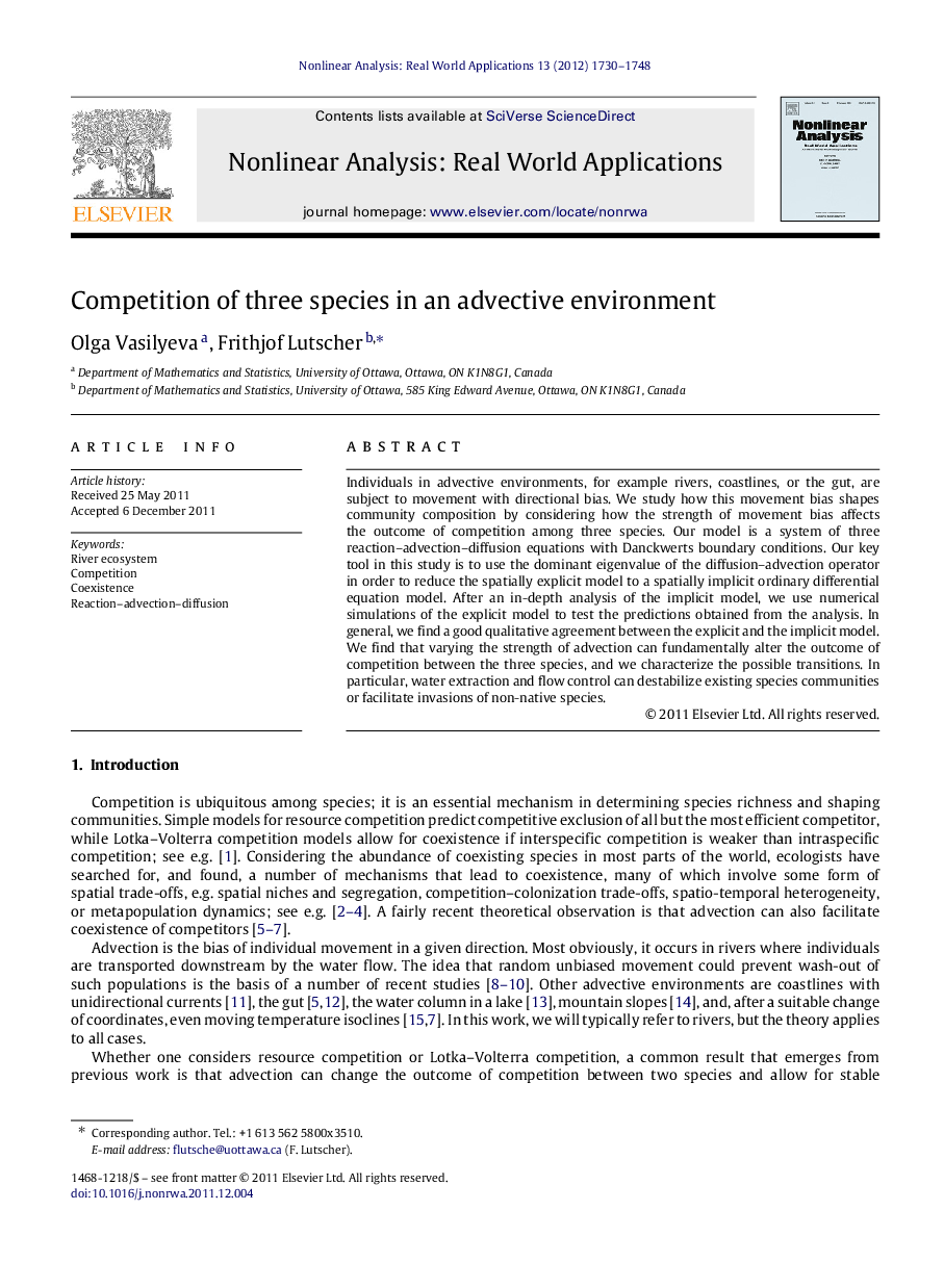 Competition of three species in an advective environment