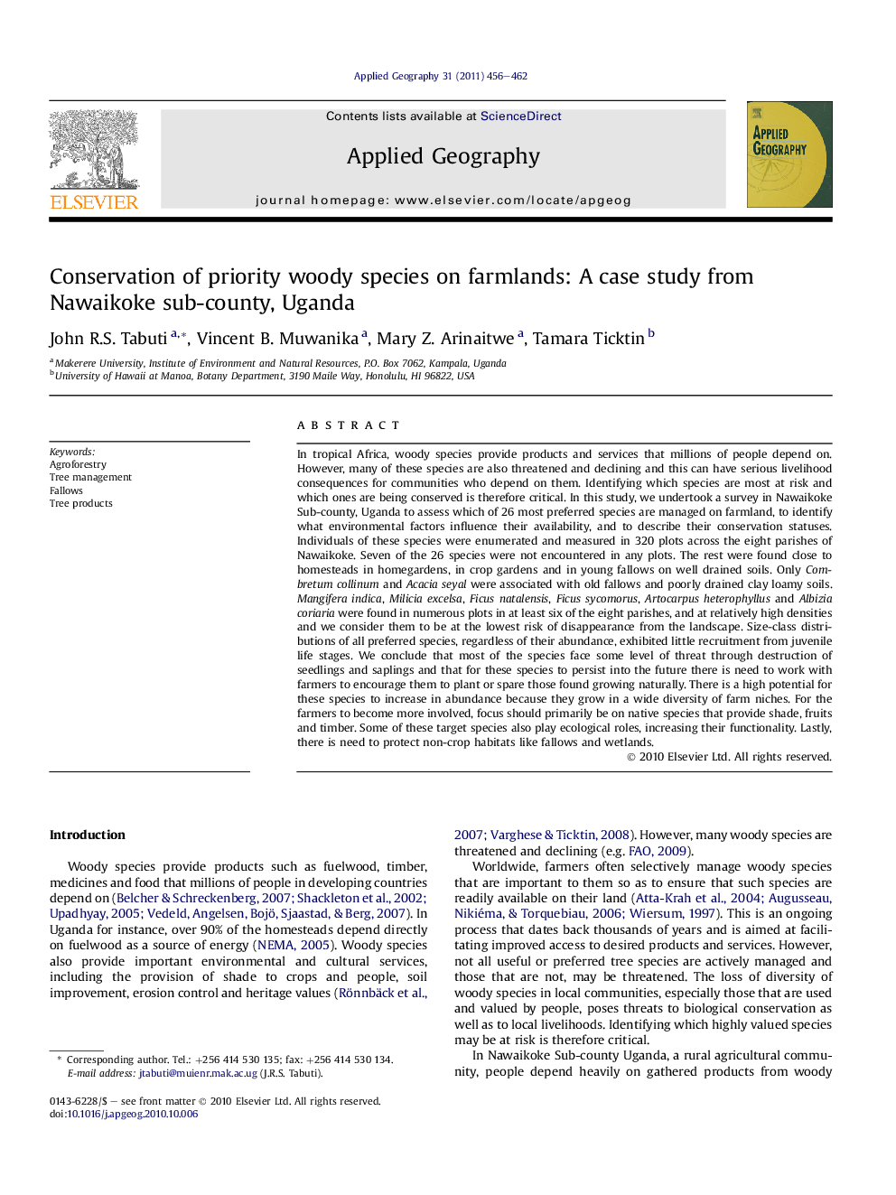 Conservation of priority woody species on farmlands: A case study from Nawaikoke sub-county, Uganda