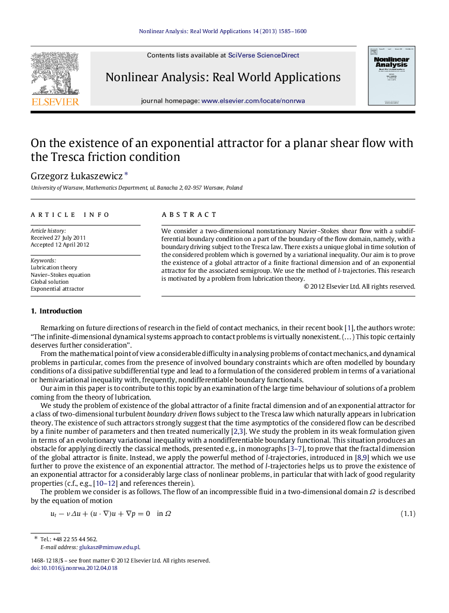 On the existence of an exponential attractor for a planar shear flow with the Tresca friction condition