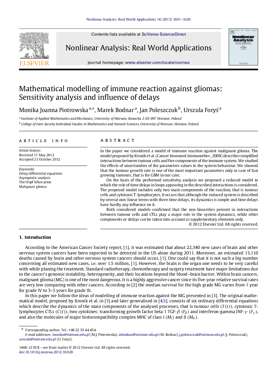 Mathematical modelling of immune reaction against gliomas: Sensitivity analysis and influence of delays