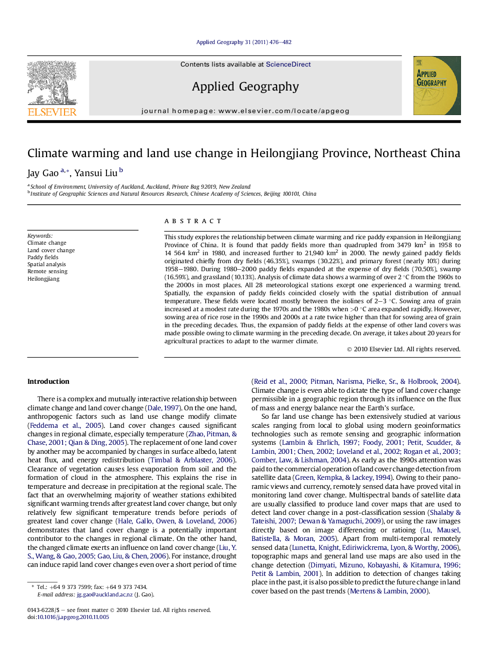 Climate warming and land use change in Heilongjiang Province, Northeast China