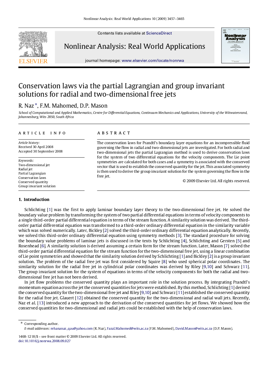 Conservation laws via the partial Lagrangian and group invariant solutions for radial and two-dimensional free jets