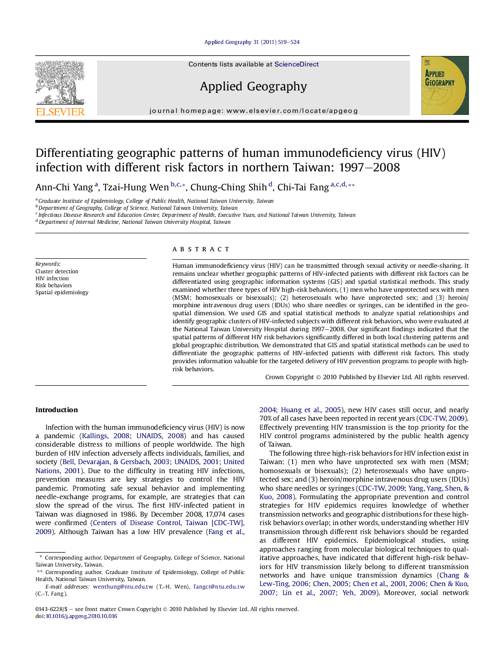 Differentiating geographic patterns of human immunodeficiency virus (HIV) infection with different risk factors in northern Taiwan: 1997–2008