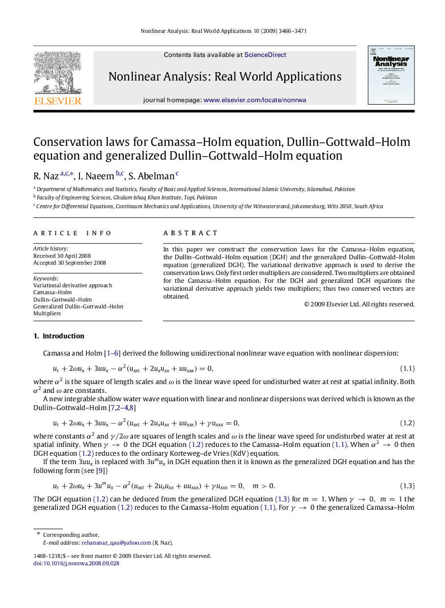 Conservation laws for Camassa–Holm equation, Dullin–Gottwald–Holm equation and generalized Dullin–Gottwald–Holm equation