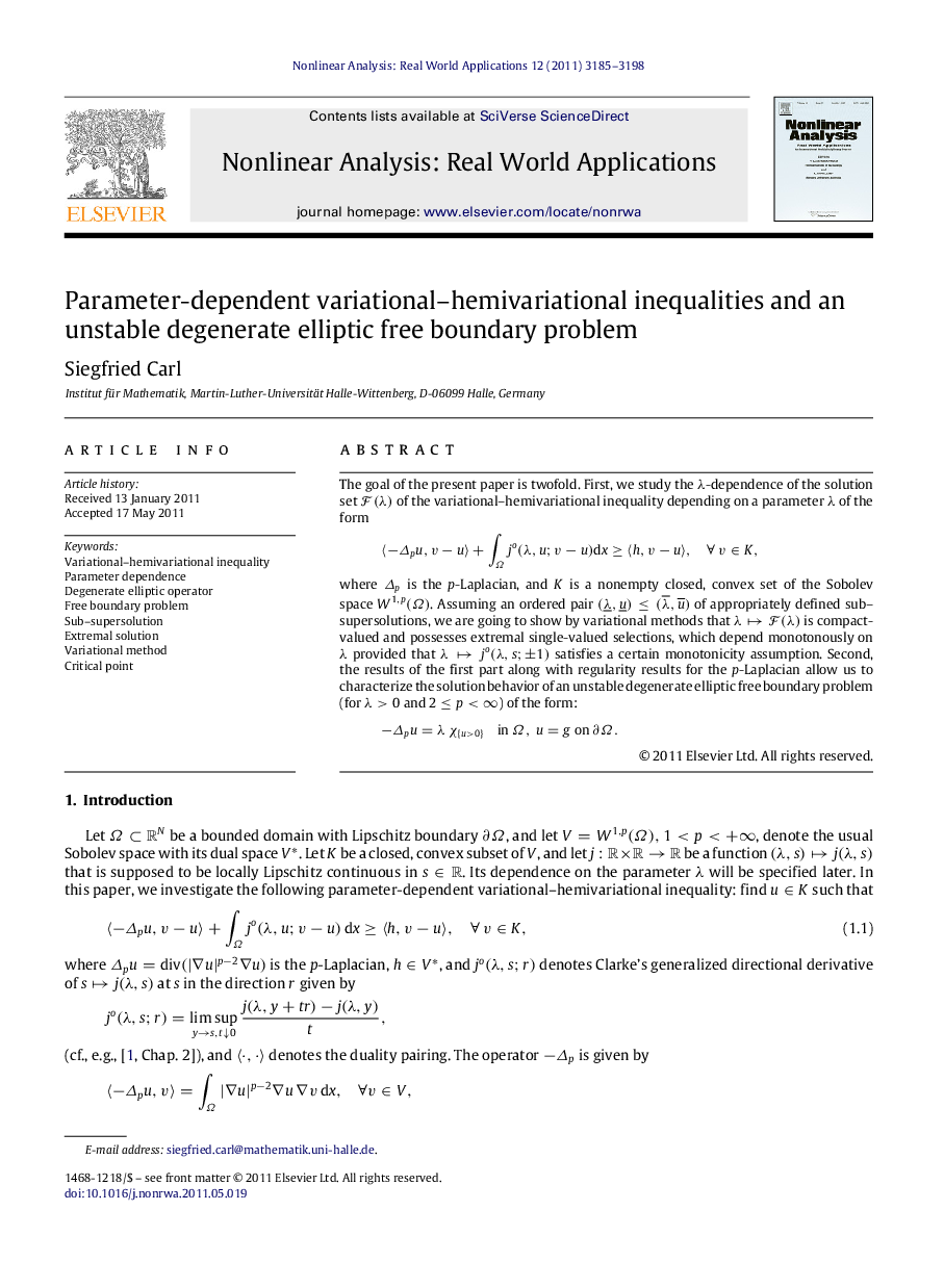 Parameter-dependent variational–hemivariational inequalities and an unstable degenerate elliptic free boundary problem