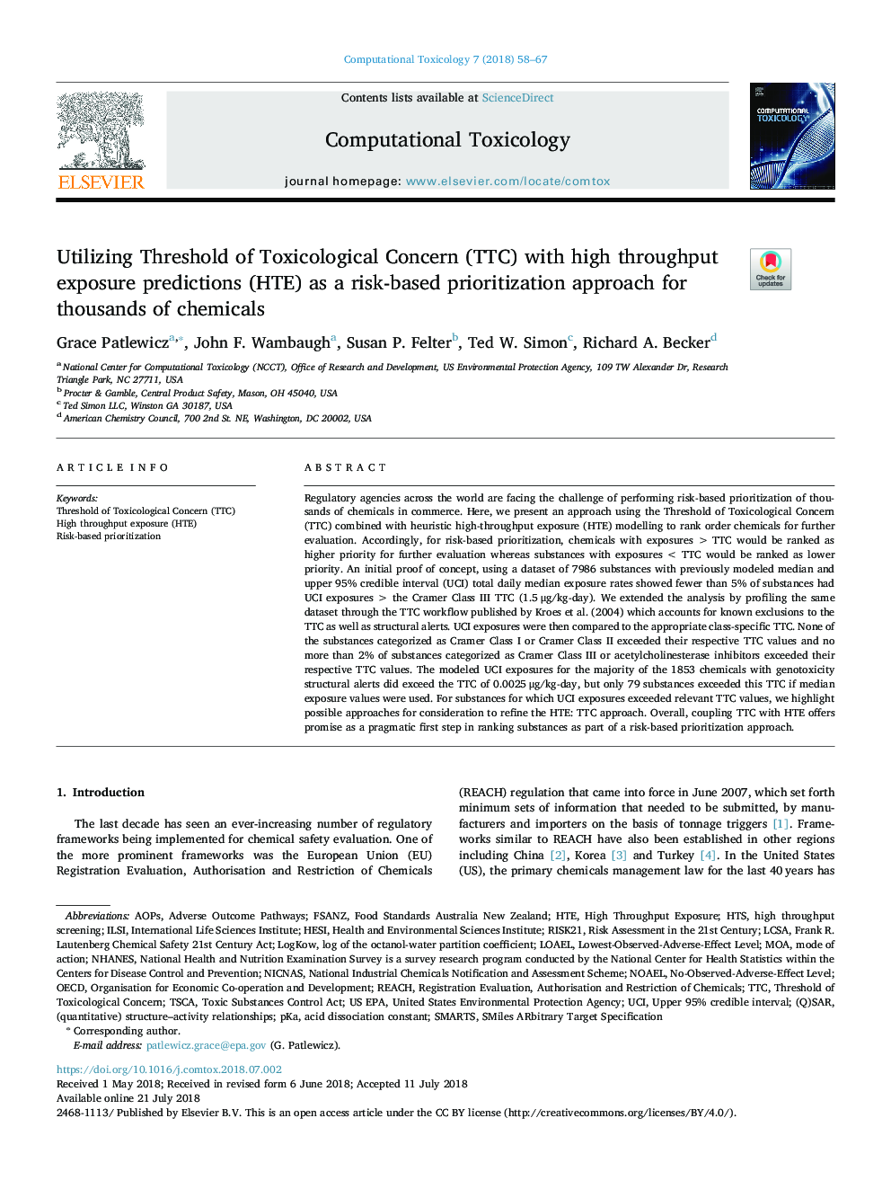 عکس صفحه اول مقاله: Utilizing Threshold of Toxicological Concern (TTC) with high throughput exposure predictions (HTE) as a risk-based prioritization approach for thousands of chemicals Utilizing Threshold of Toxicological Concern (TTC) with high throughput exposure predictions (HTE) as a risk-based prioritization approach for thousands of chemicals
