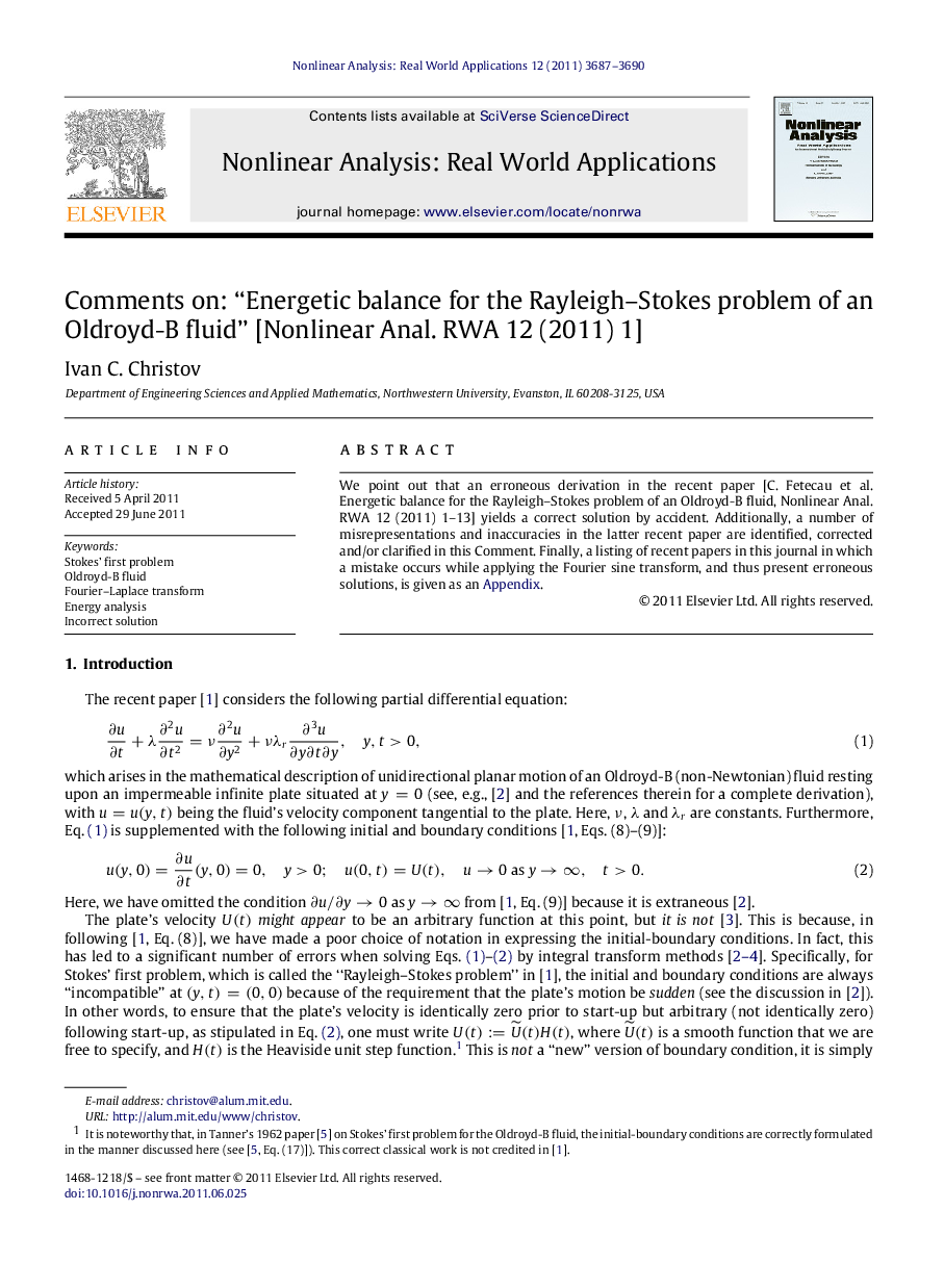 Comments on: “Energetic balance for the Rayleigh–Stokes problem of an Oldroyd-B fluid” [Nonlinear Anal. RWA 12 (2011) 1]