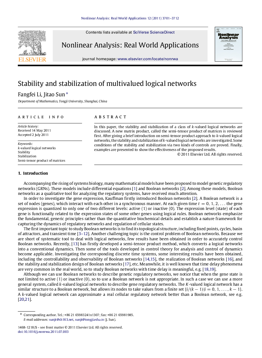 Stability and stabilization of multivalued logical networks