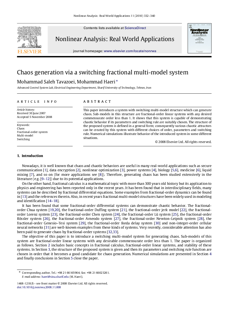 Chaos generation via a switching fractional multi-model system