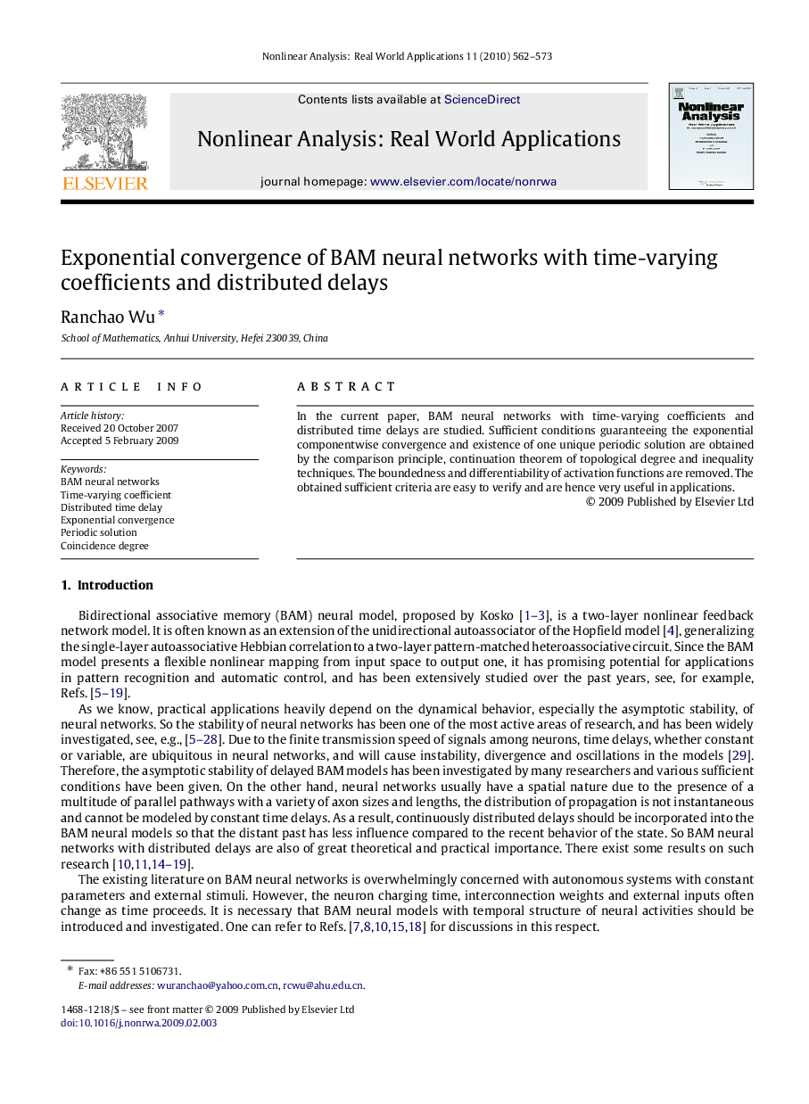 Exponential convergence of BAM neural networks with time-varying coefficients and distributed delays