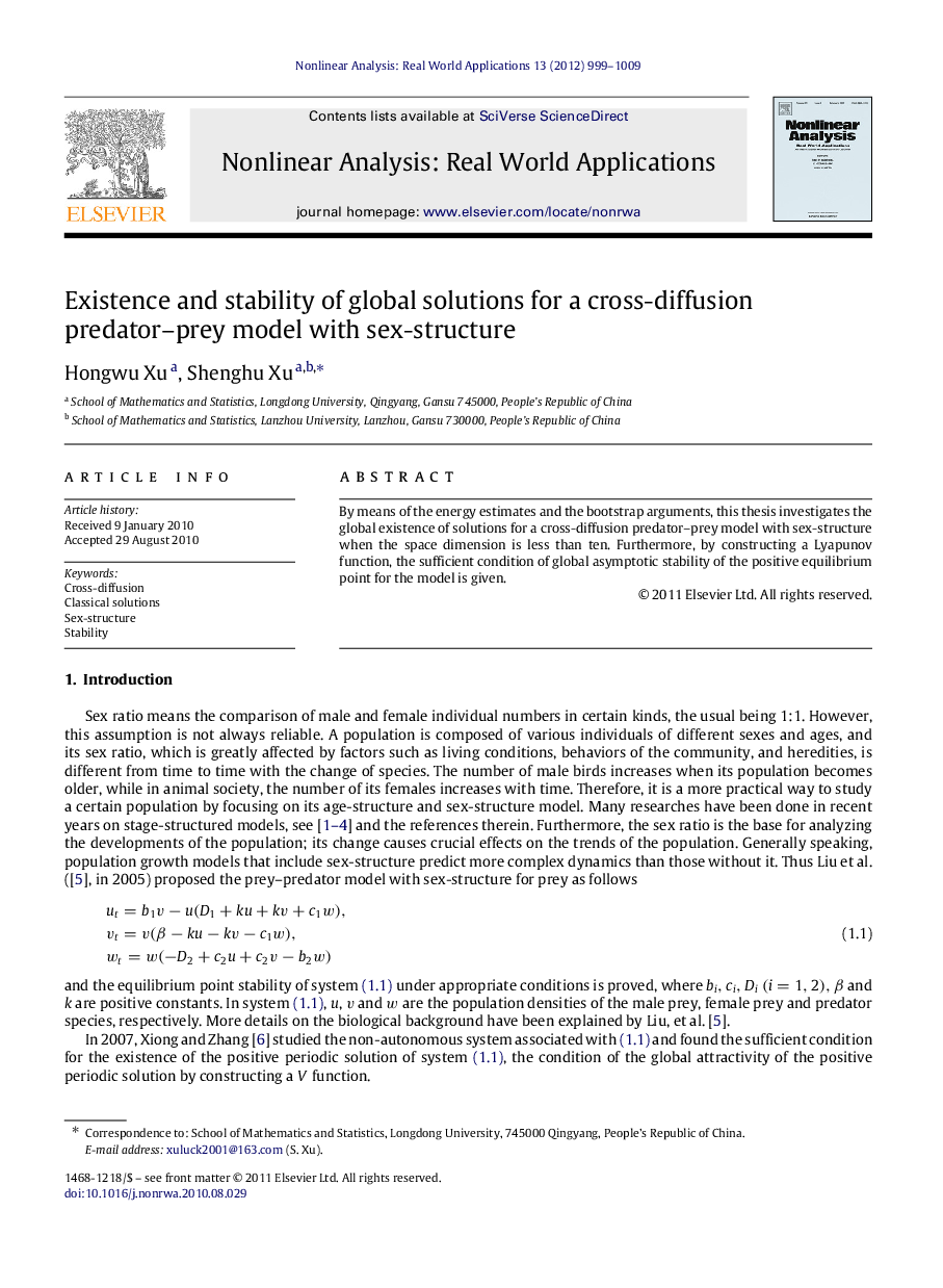 Existence and stability of global solutions for a cross-diffusion predator–prey model with sex-structure