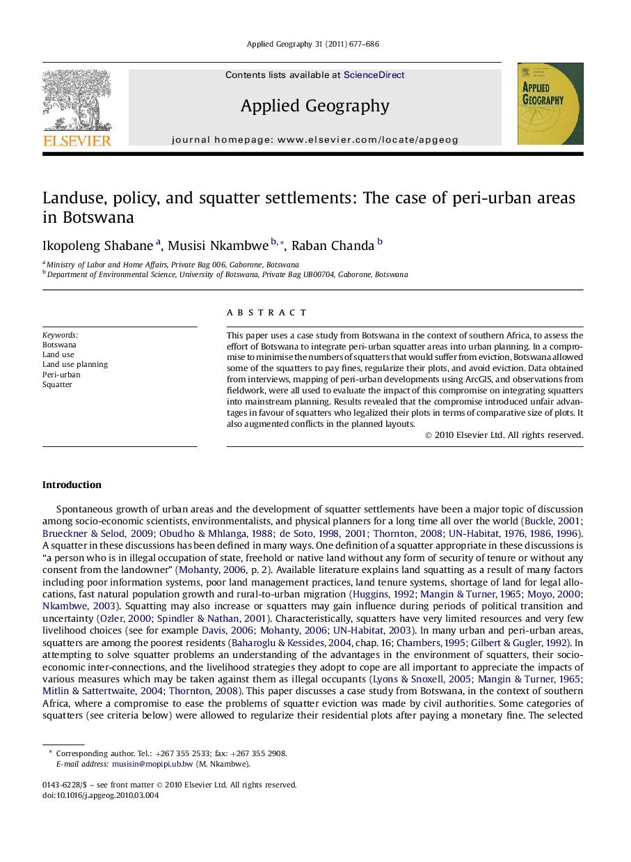 Landuse, policy, and squatter settlements: The case of peri-urban areas in Botswana