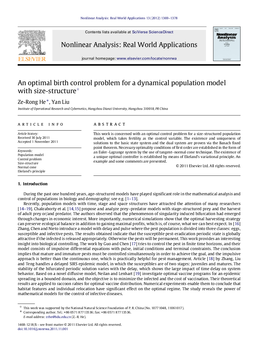 An optimal birth control problem for a dynamical population model with size-structure 